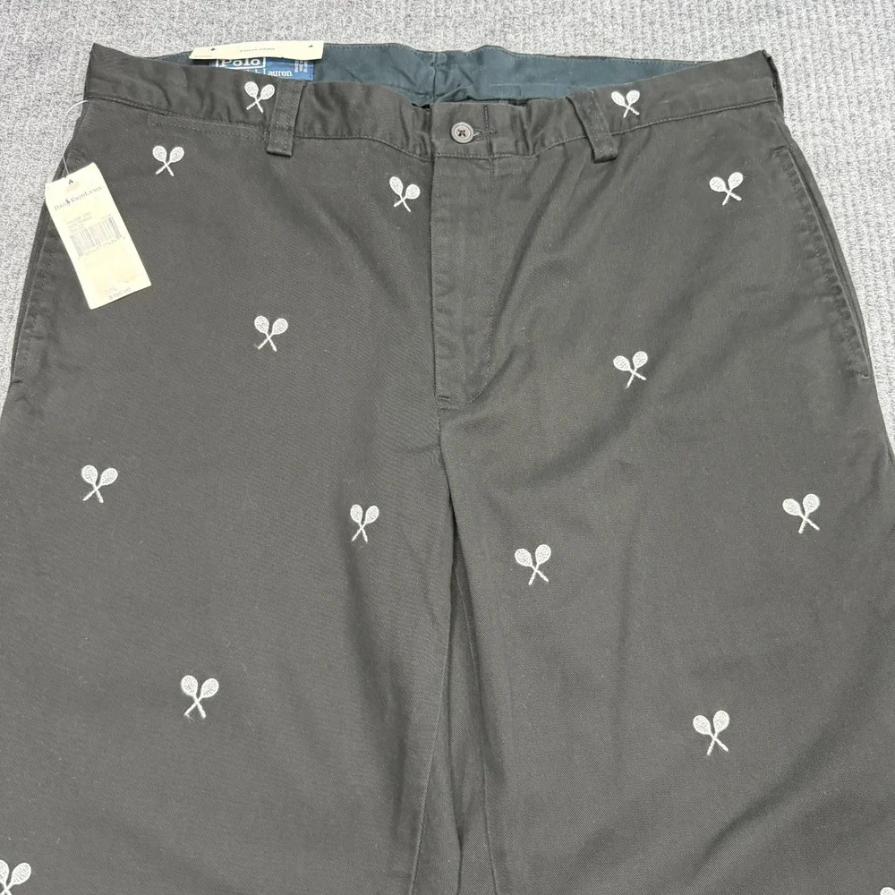 NWT Vintage Polo Ralph Lauren Pants Mens 34x32 Black Chino Tennis AOP Trousers